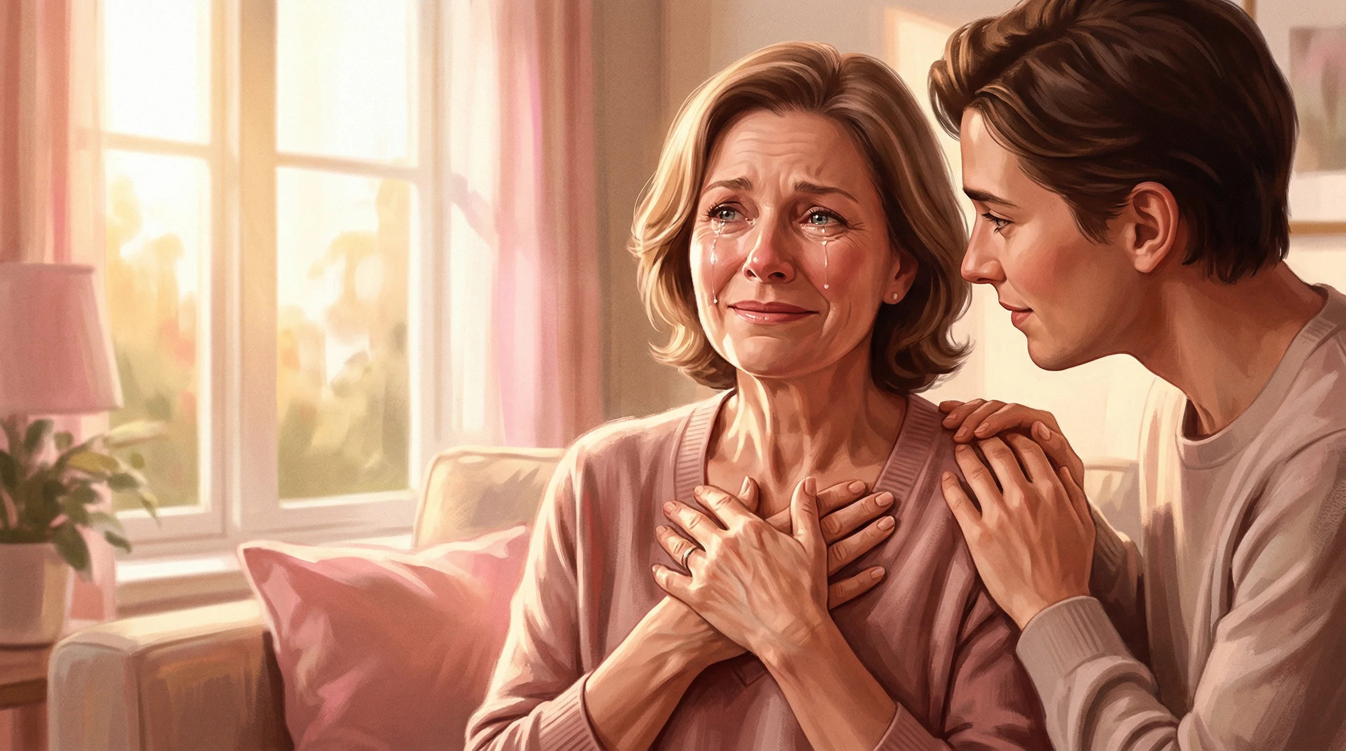 Mother receiving a heartfelt personalized gift, emotional embrace with warm golden lighting