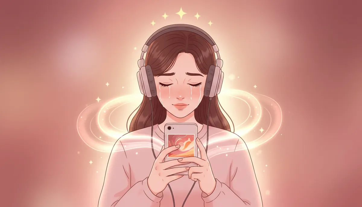 Person emotionally moved while listening to their personalized love song, with warm golden glow