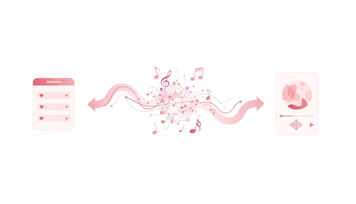 Illustration showing how AI transforms a love story into a personalized song in three steps: questionnaire, AI processing, finished song